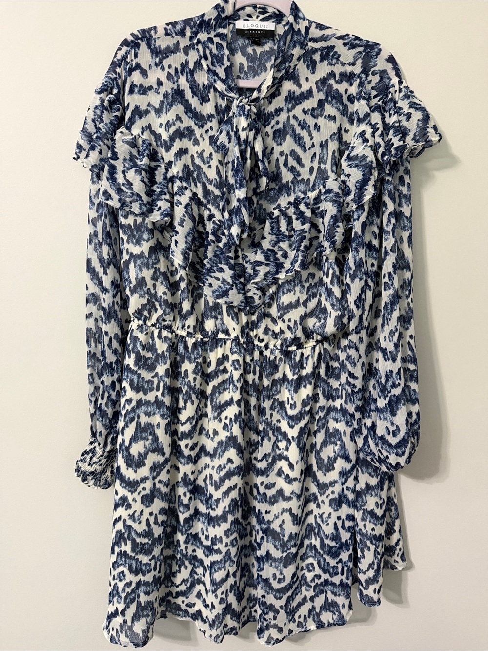 Eloquii Navy and White Ruffle Tie-Neck Long Sleeve Dress